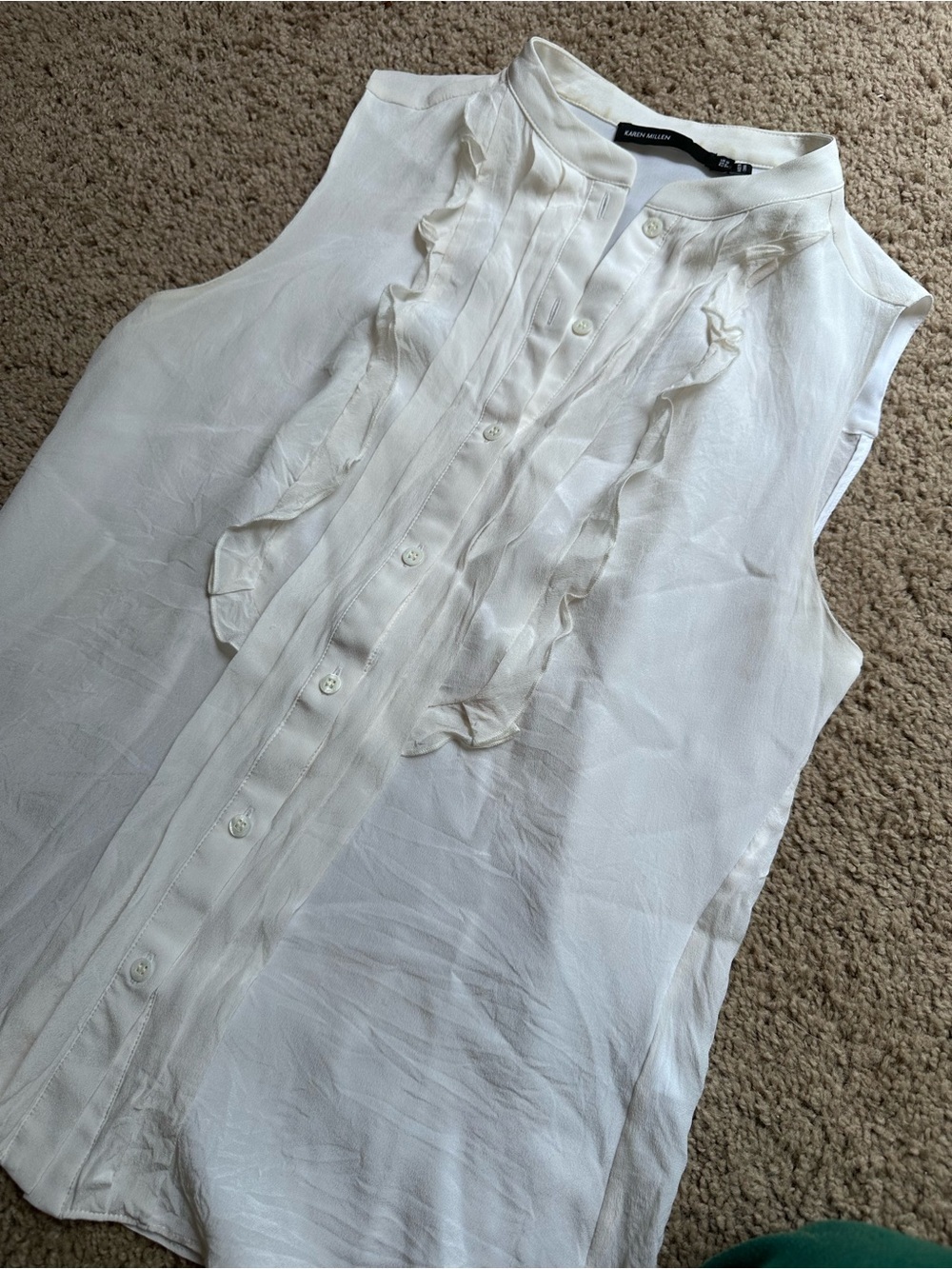 Karen Millen White Sleeveless Ruffled Button Front Tank